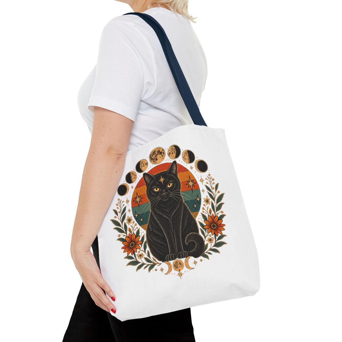 Mystic Black Cat Moon Phases Tote Bag