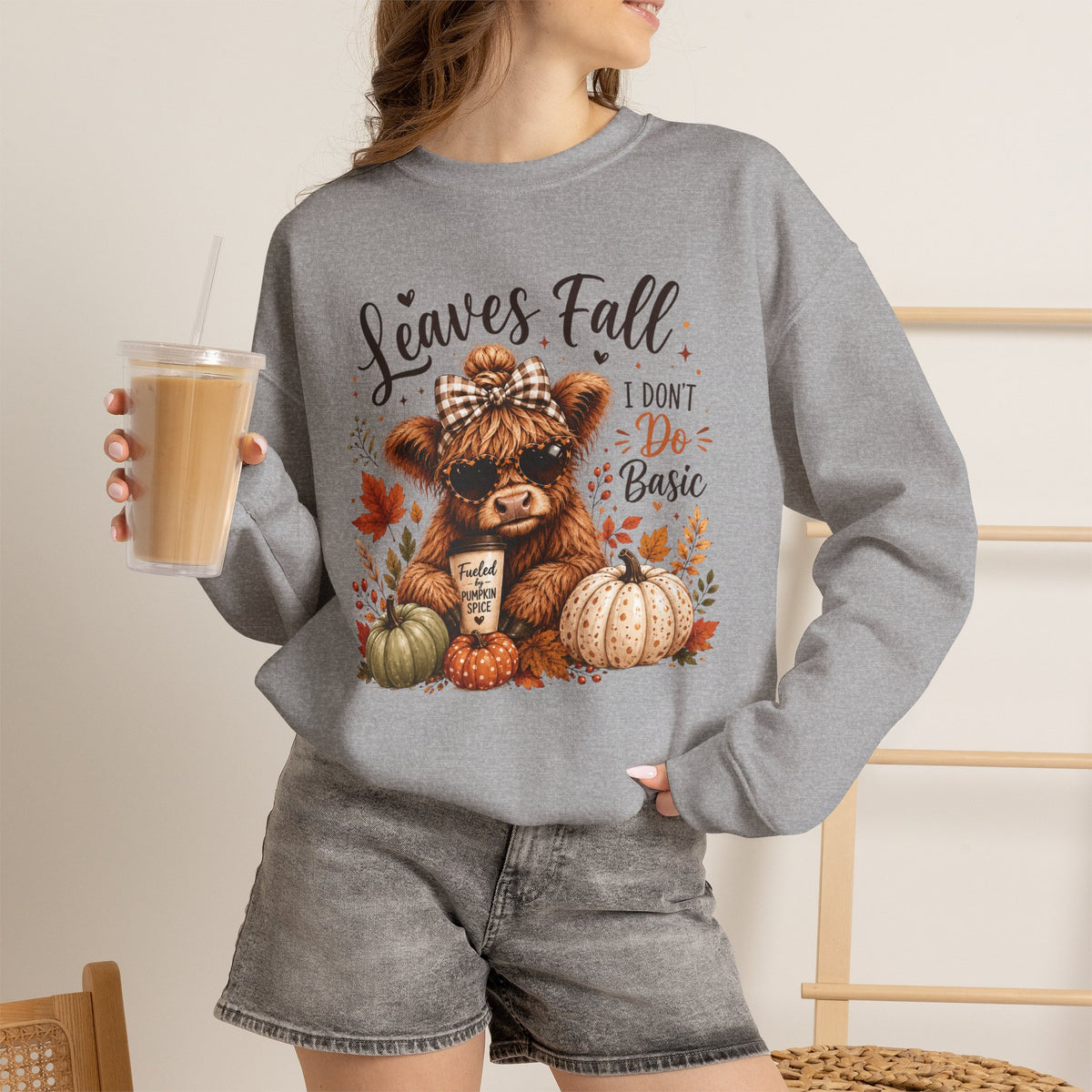 Highland Cow "Leaves Fall, I Don't Do Basic" Crewneck Sweatshirt
