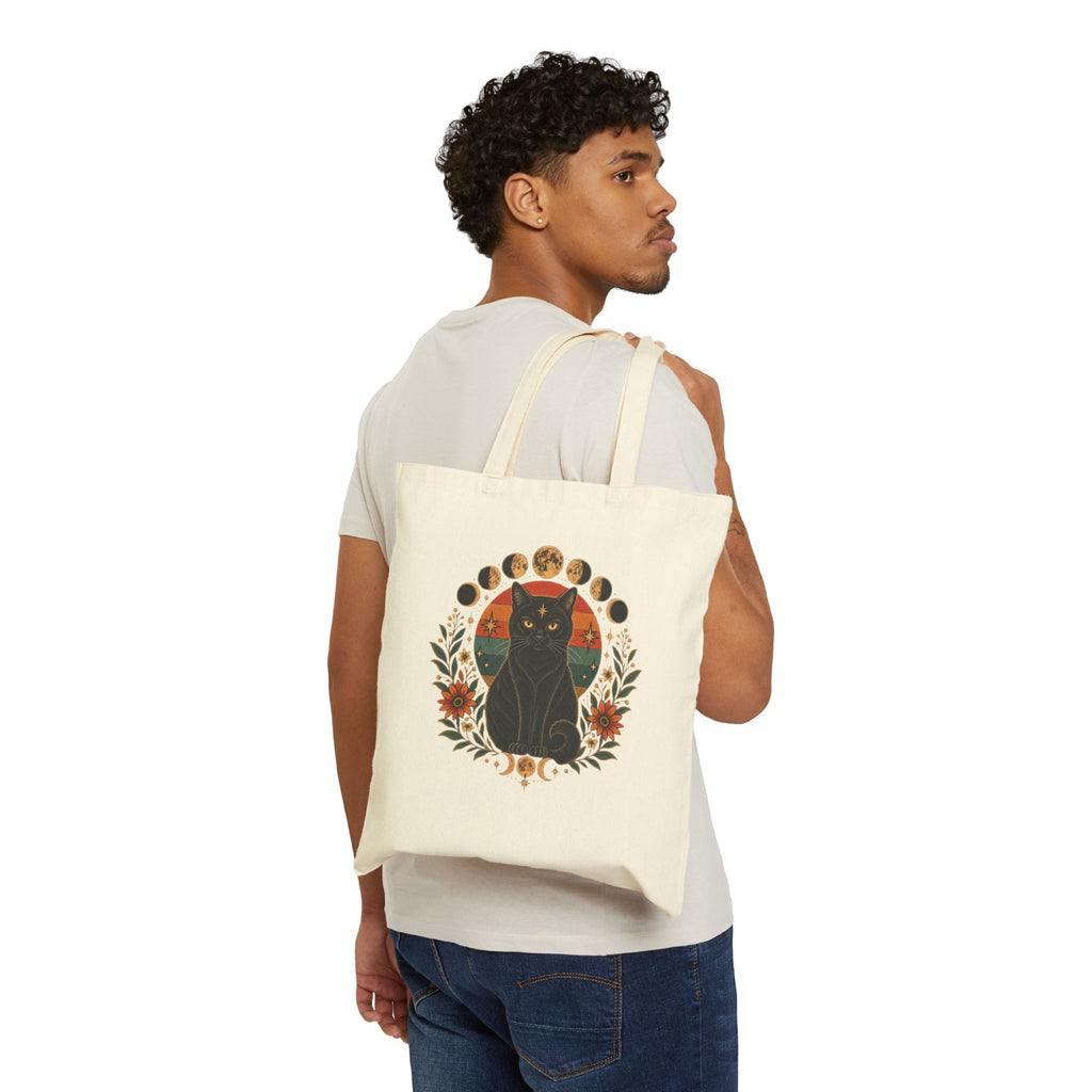 Mystic Black Cat Moon Phases Canvas Tote Bag