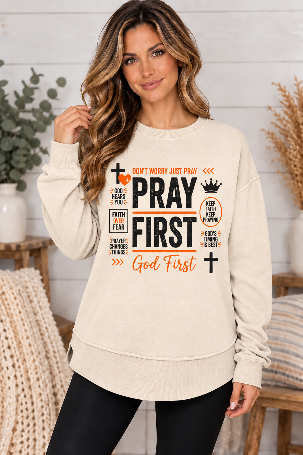Pray First God First - Christian Women's Fleece Crewneck Sweatshirt