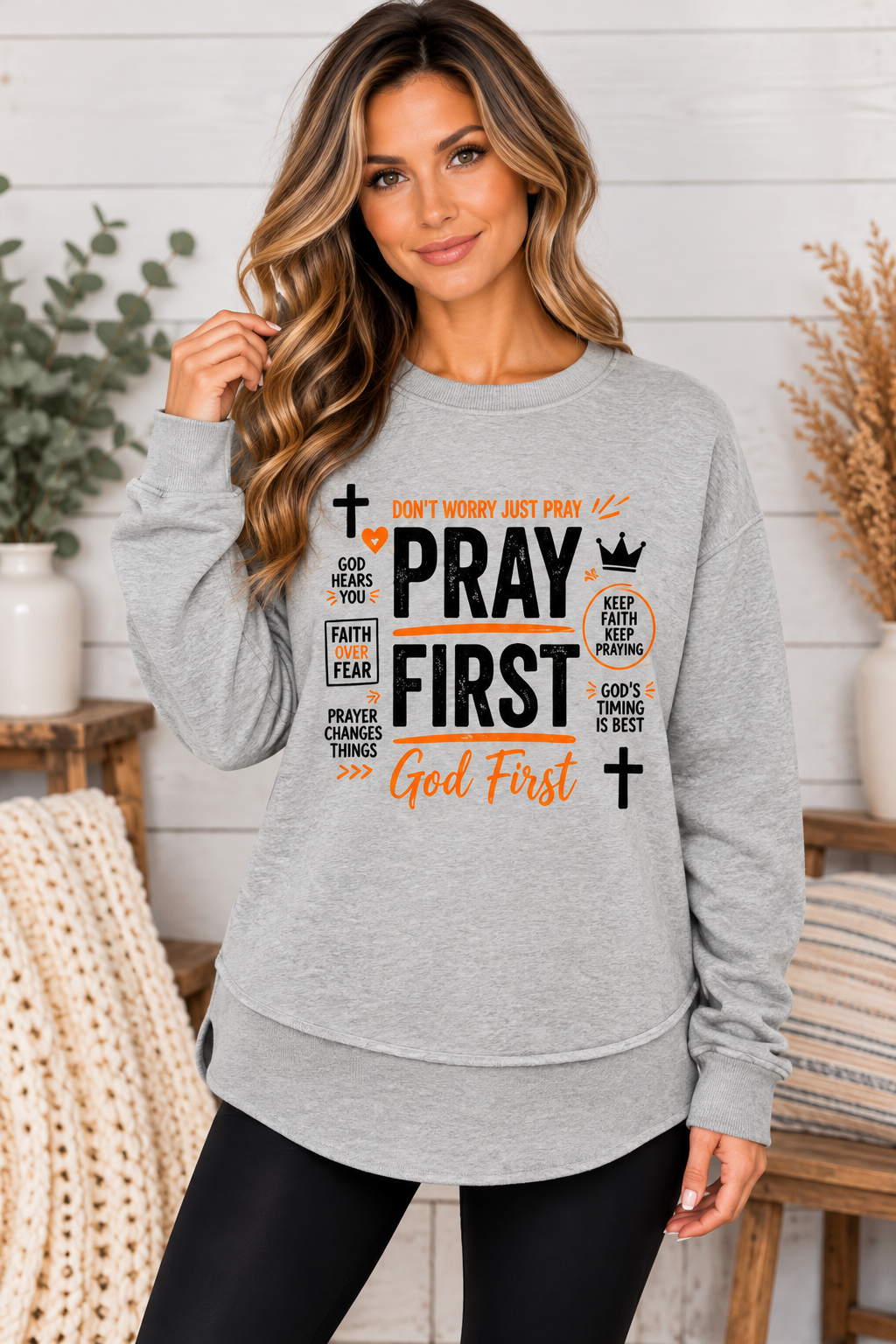 Pray First God First - Christian Women's Fleece Crewneck Sweatshirt