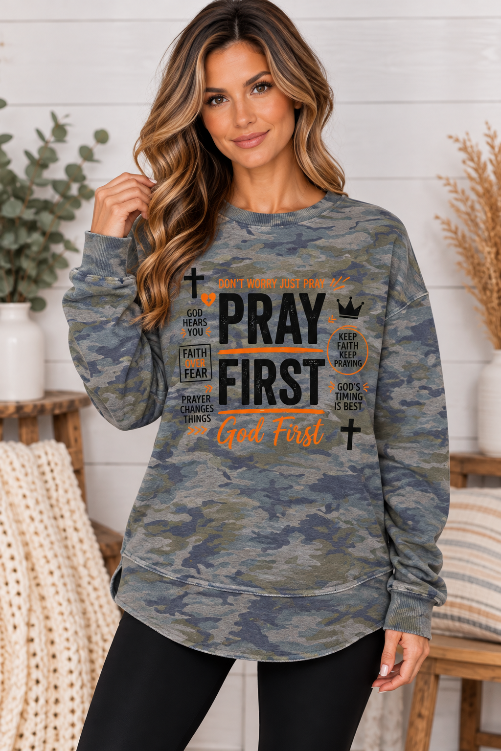 Pray First God First - Christian Women's Fleece Crewneck Sweatshirt