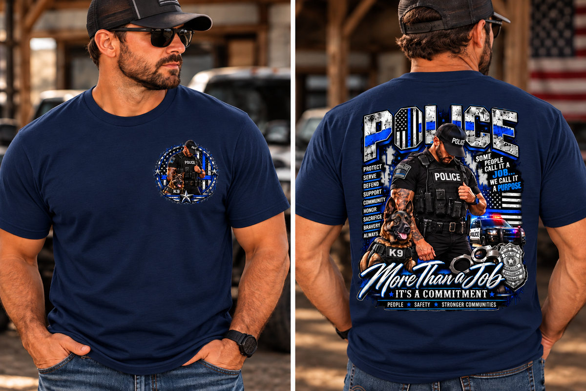 Police Officer & K9 Thin Blue Line T-Shirt — More Than a Job, It's a Commitment (Front & Back Design)