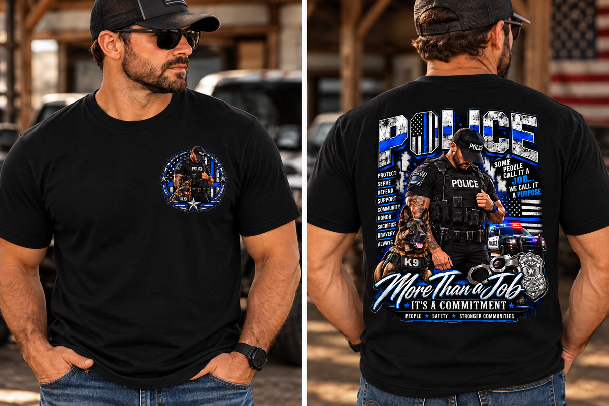 Police Officer & K9 Thin Blue Line T-Shirt — More Than a Job, It's a Commitment (Front & Back Design)