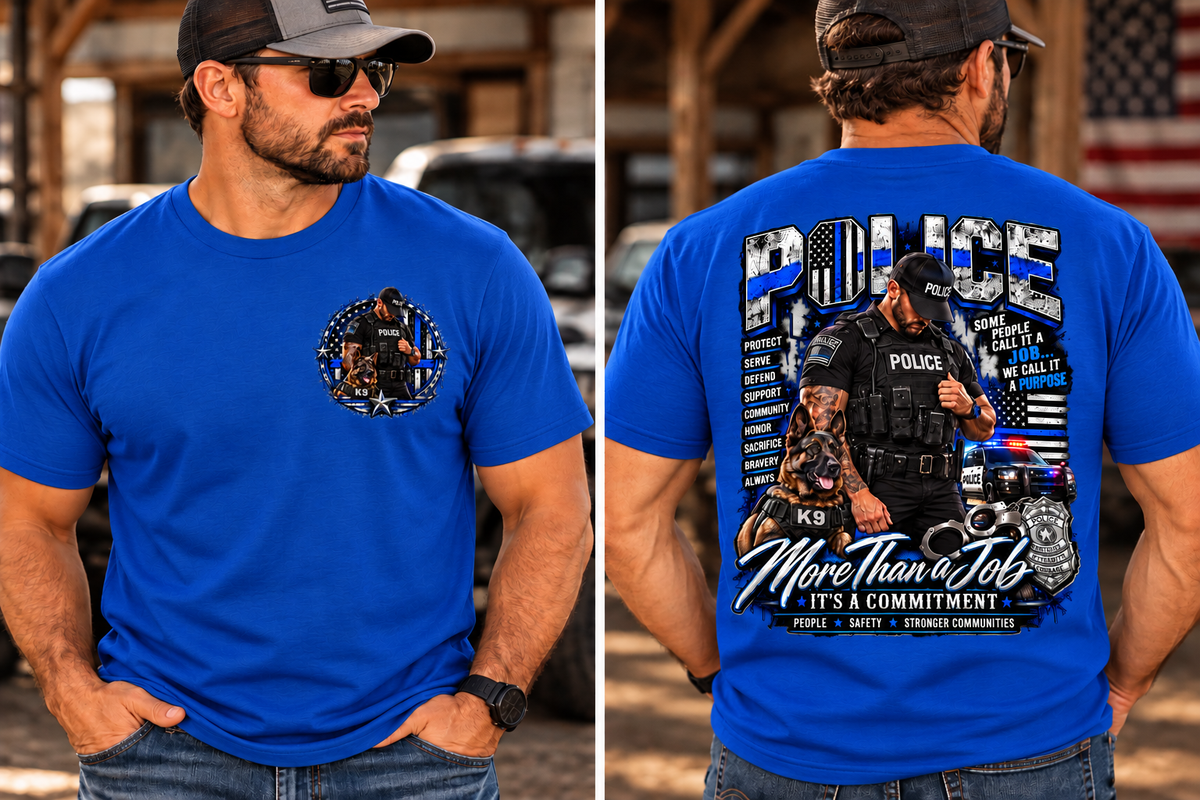 Police Officer & K9 Thin Blue Line T-Shirt — More Than a Job, It's a Commitment (Front & Back Design)