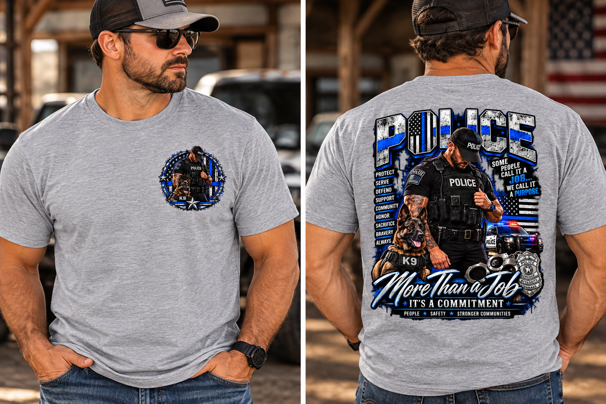 Police Officer & K9 Thin Blue Line T-Shirt — More Than a Job, It's a Commitment (Front & Back Design)