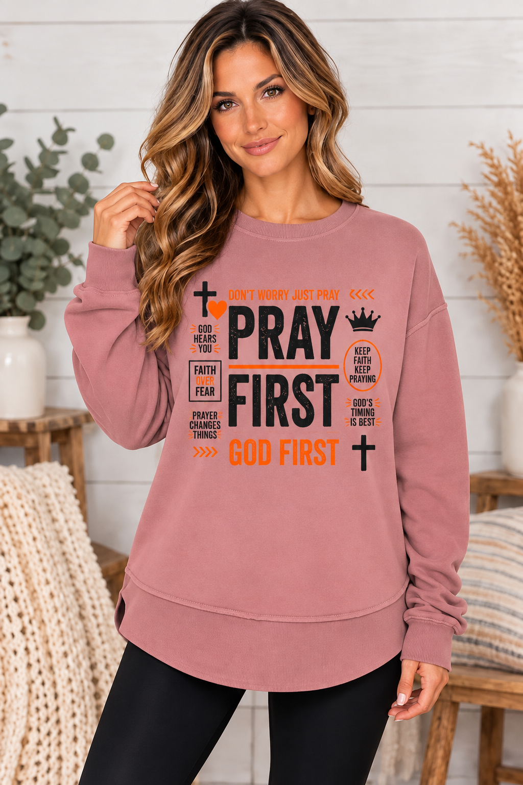 Pray First God First - Christian Women's Fleece Crewneck Sweatshirt