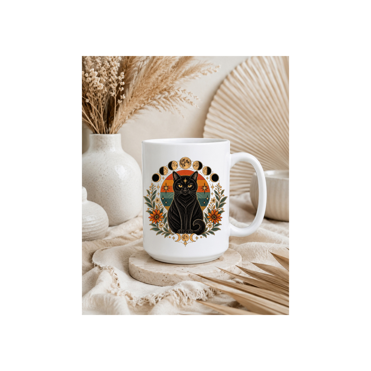 Mystic Black Cat with Moon Phases & Floral - 15oz Coffee Mug
