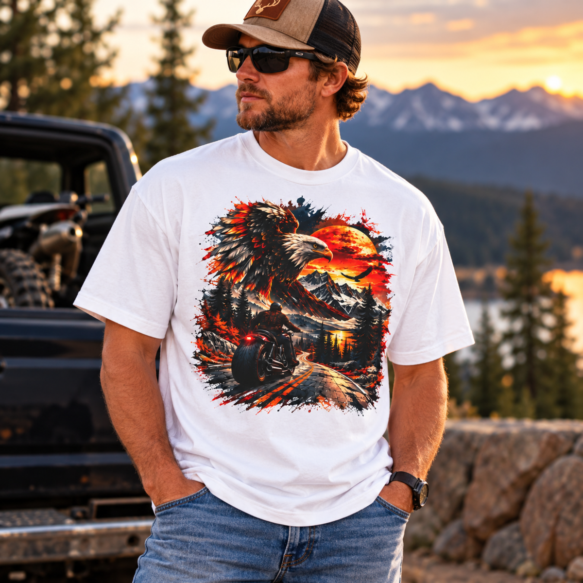 Eagle Sunset Wilderness Motorcycle Graphic Oversized Boxy T-Shirt