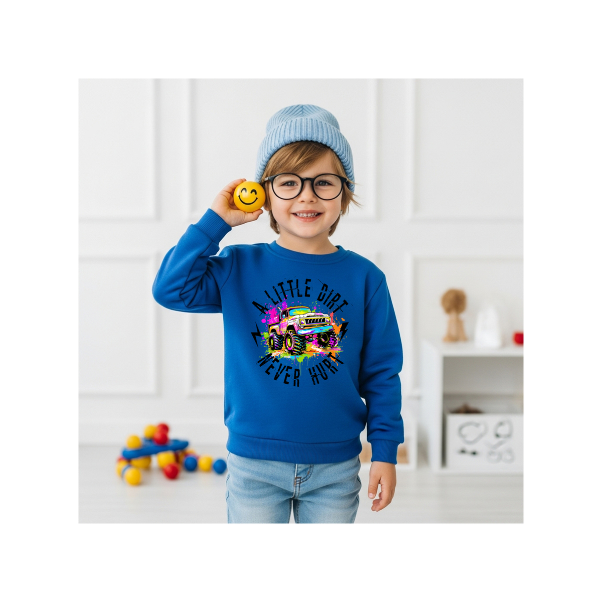 "A Little Dirt Never Hurt" Colorful Monster Truck Kids Crewneck Sweatshirt