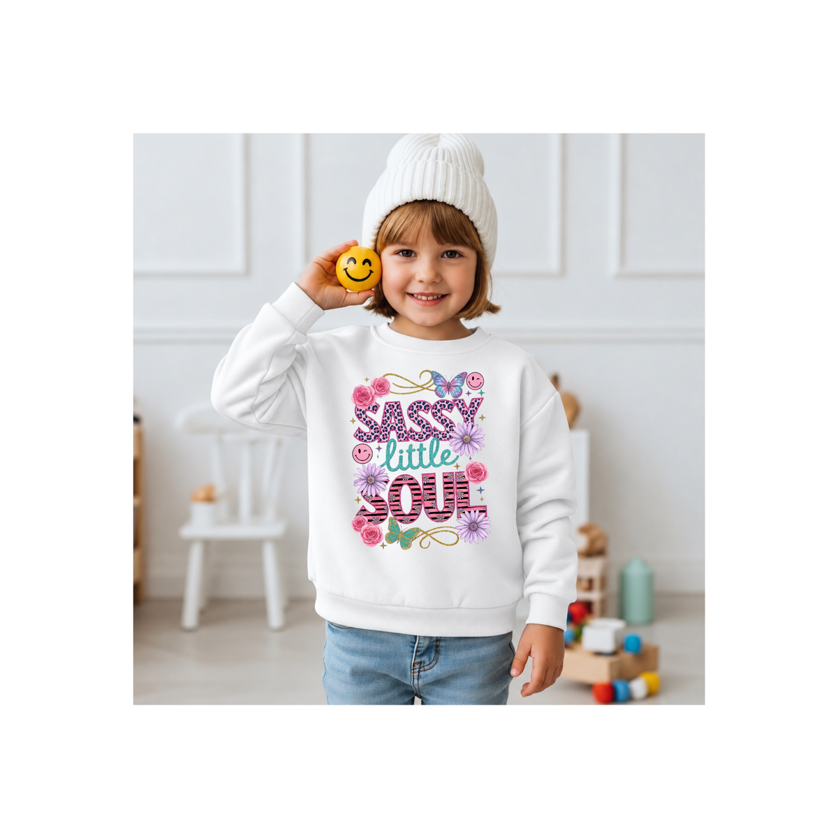 "Sassy Little Soul" Floral & Butterfly Kids Crewneck Sweatshirt