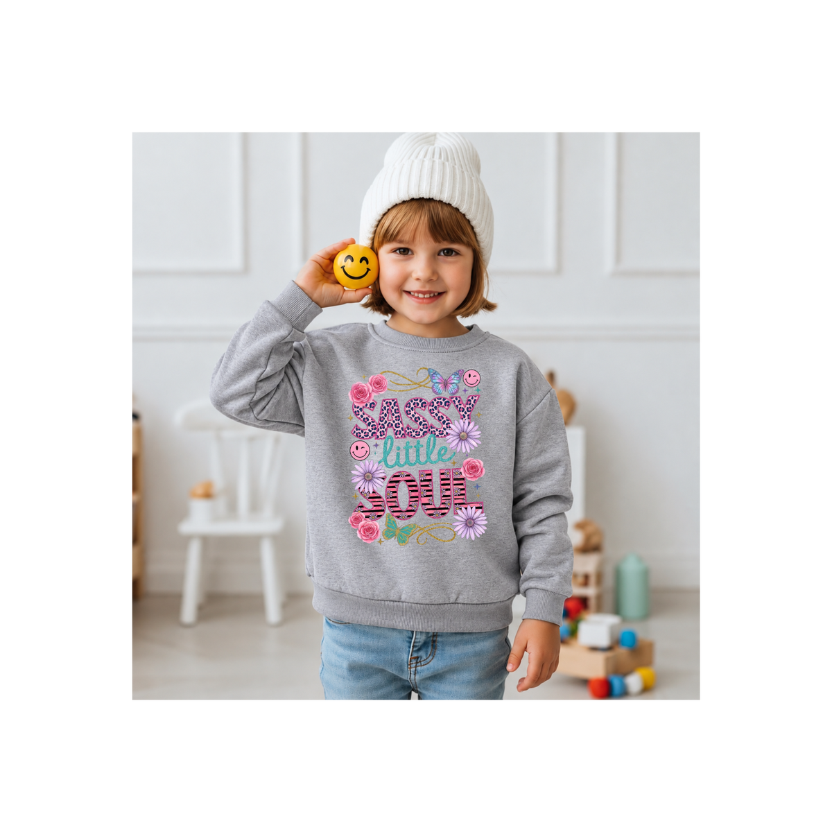 "Sassy Little Soul" Floral & Butterfly Kids Crewneck Sweatshirt