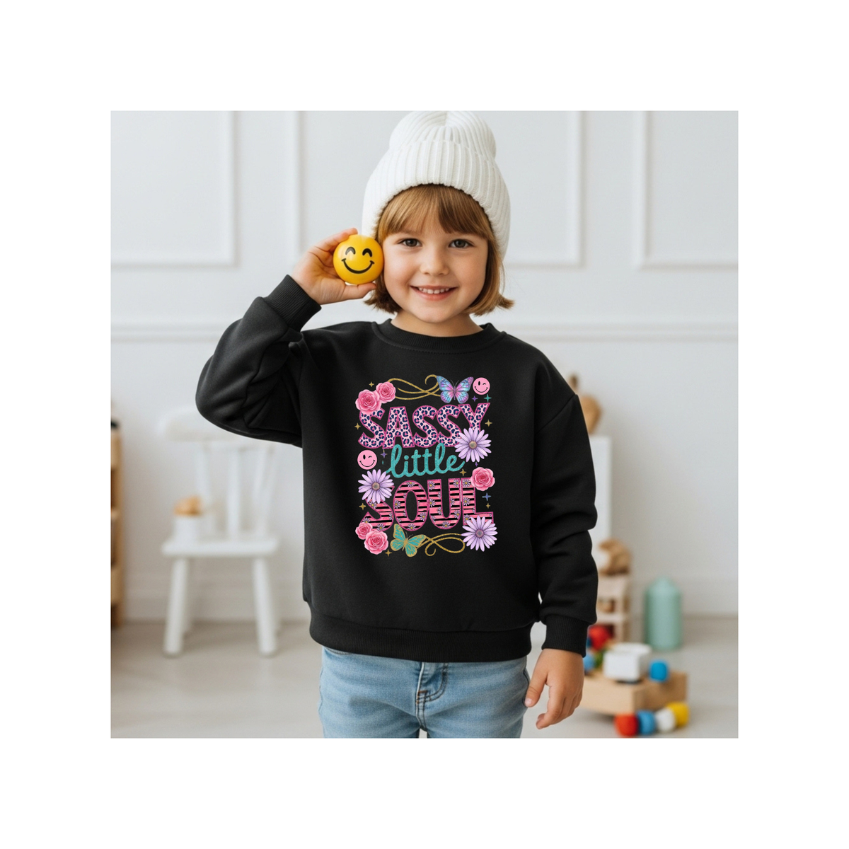 "Sassy Little Soul" Floral & Butterfly Kids Crewneck Sweatshirt