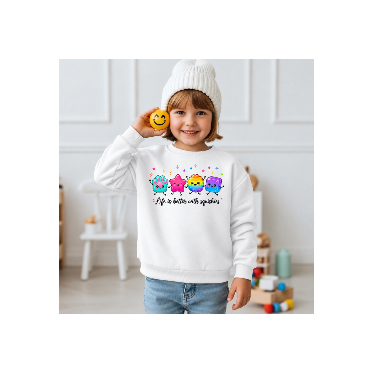 "Life is Better with Squishies" Cute Colorful Squishy Characters Kids Crewneck Sweatshirt