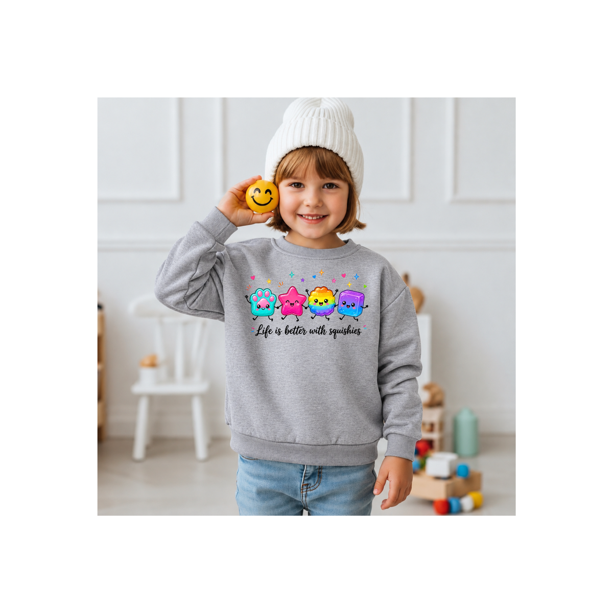 "Life is Better with Squishies" Cute Colorful Squishy Characters Kids Crewneck Sweatshirt