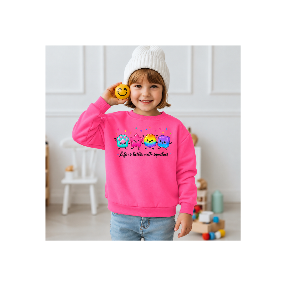 "Life is Better with Squishies" Cute Colorful Squishy Characters Kids Crewneck Sweatshirt