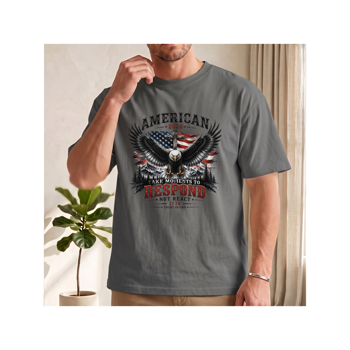 American 2026 Eagle Patriotic Graphic - Respond Not React Heavy Cotton Boxy T-Shirt