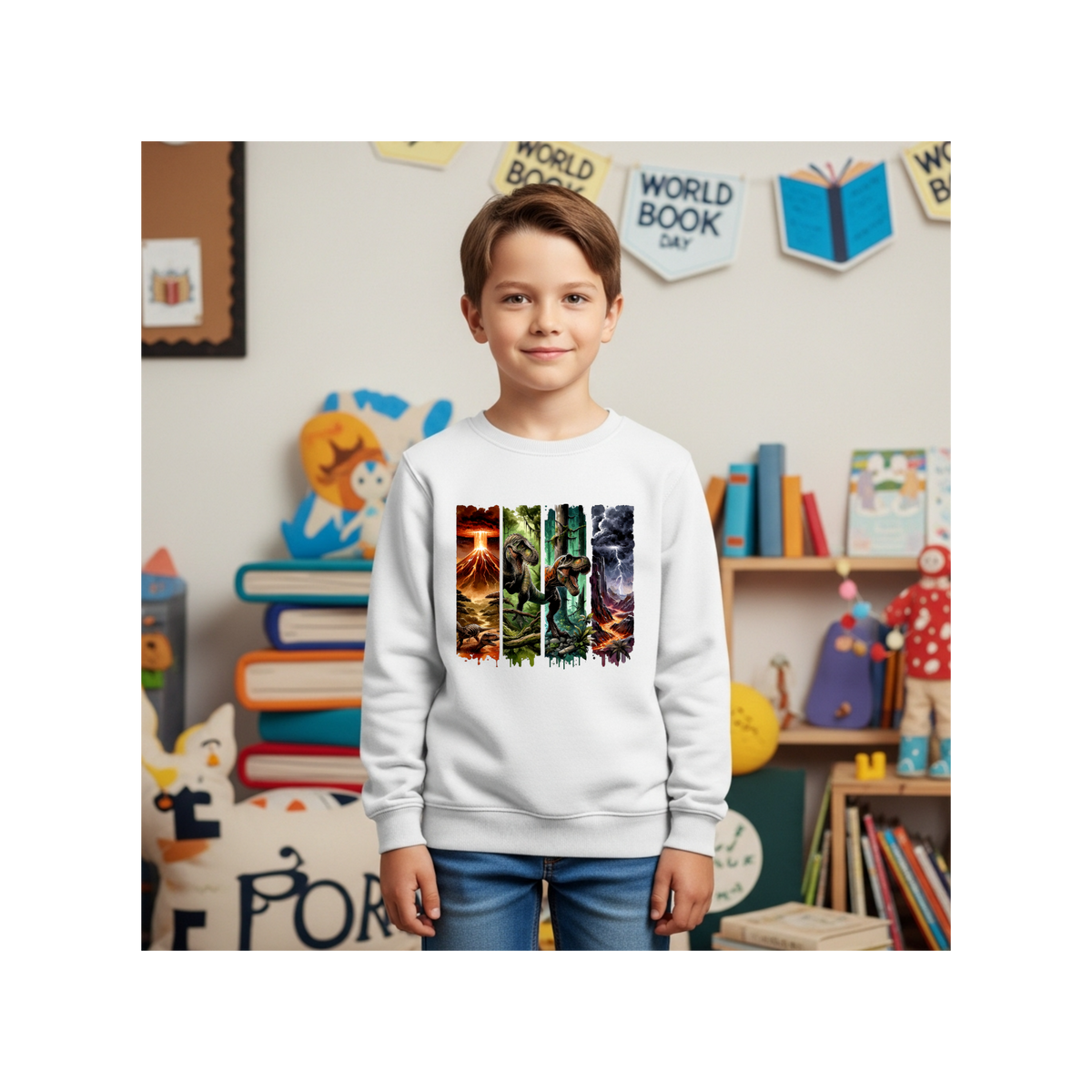 Jurassic Dino Volcano Forest Graphic Kids Crewneck Sweatshirt