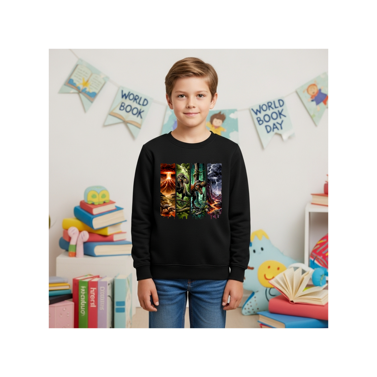 Jurassic Dino Volcano Forest Graphic Kids Crewneck Sweatshirt