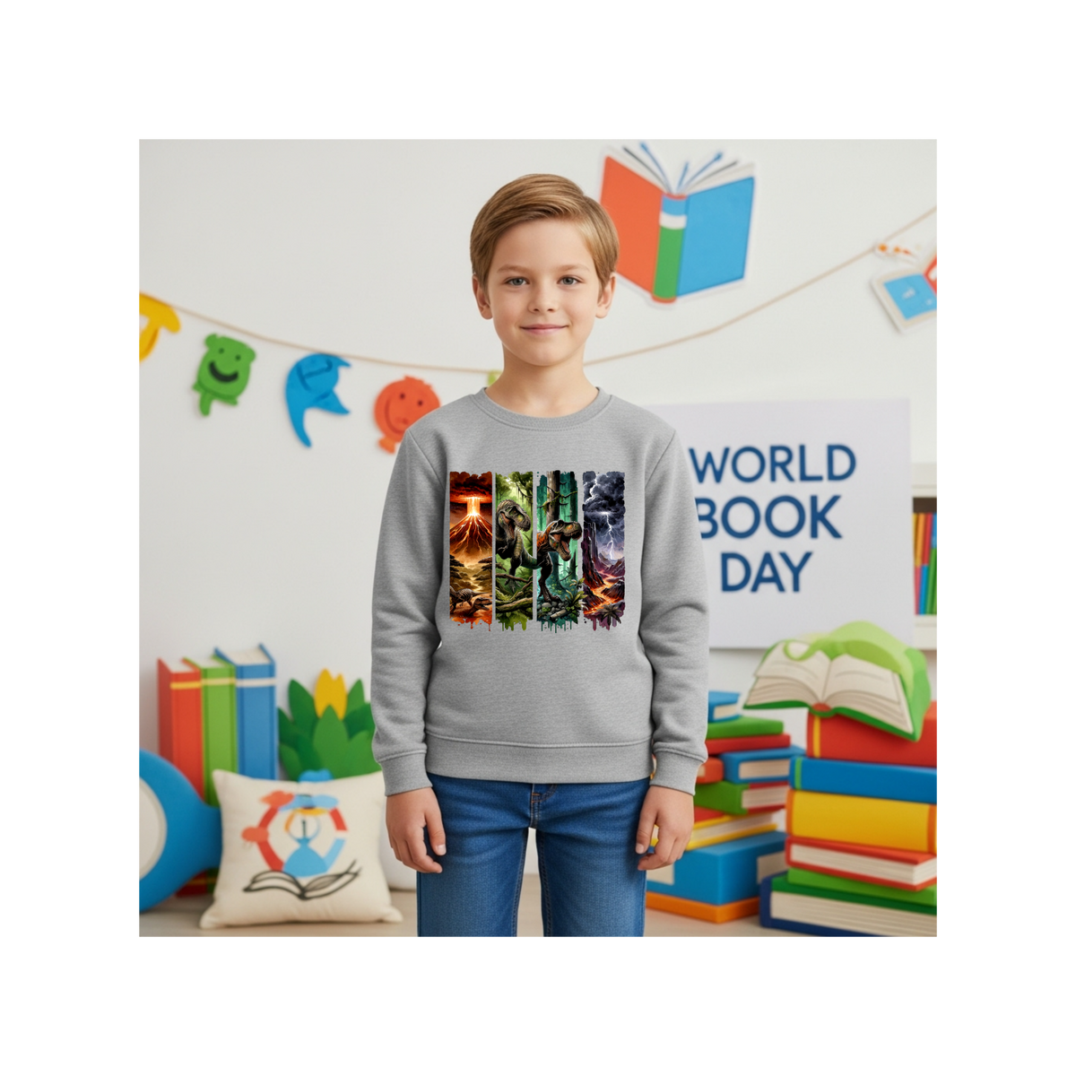 Jurassic Dino Volcano Forest Graphic Kids Crewneck Sweatshirt
