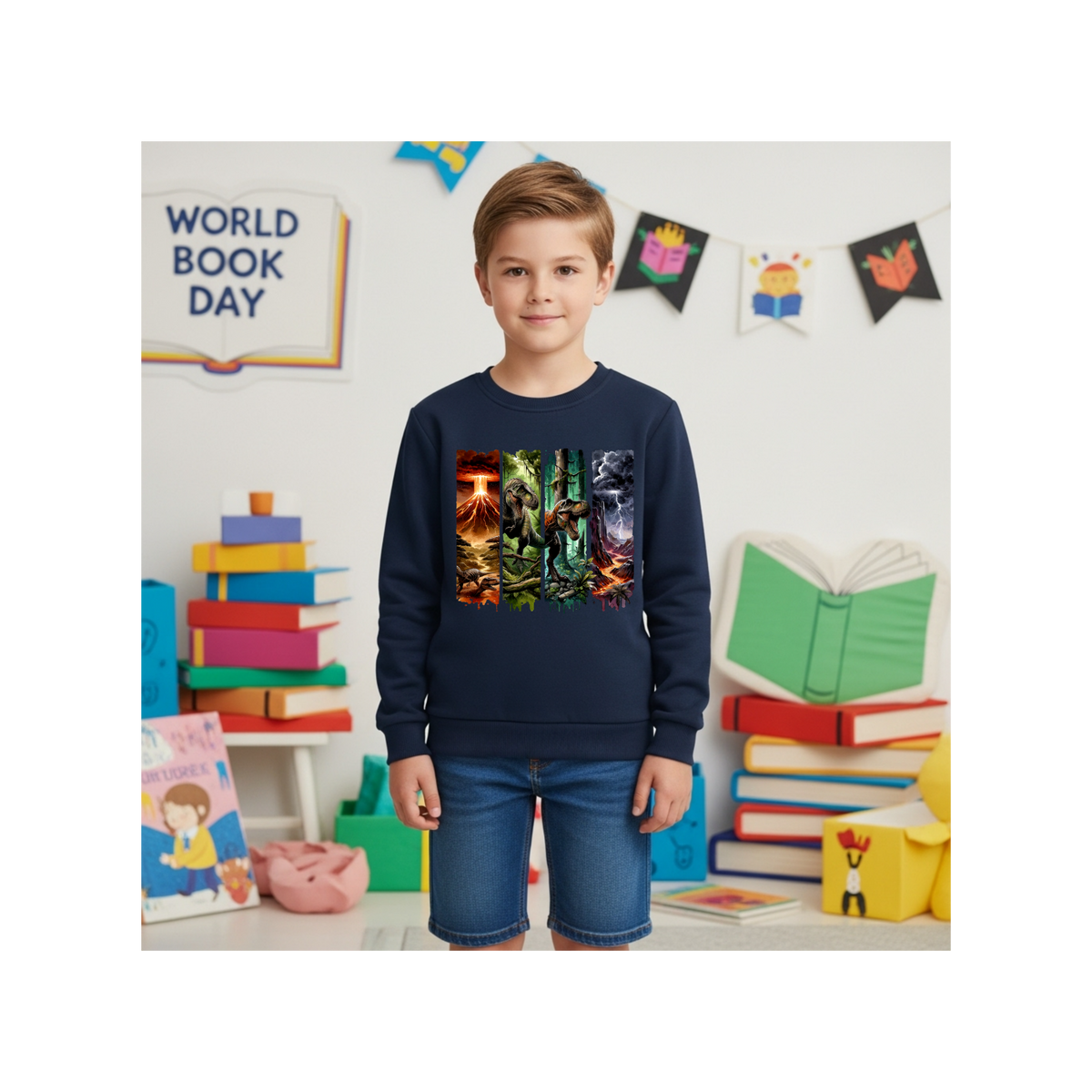 Jurassic Dino Volcano Forest Graphic Kids Crewneck Sweatshirt