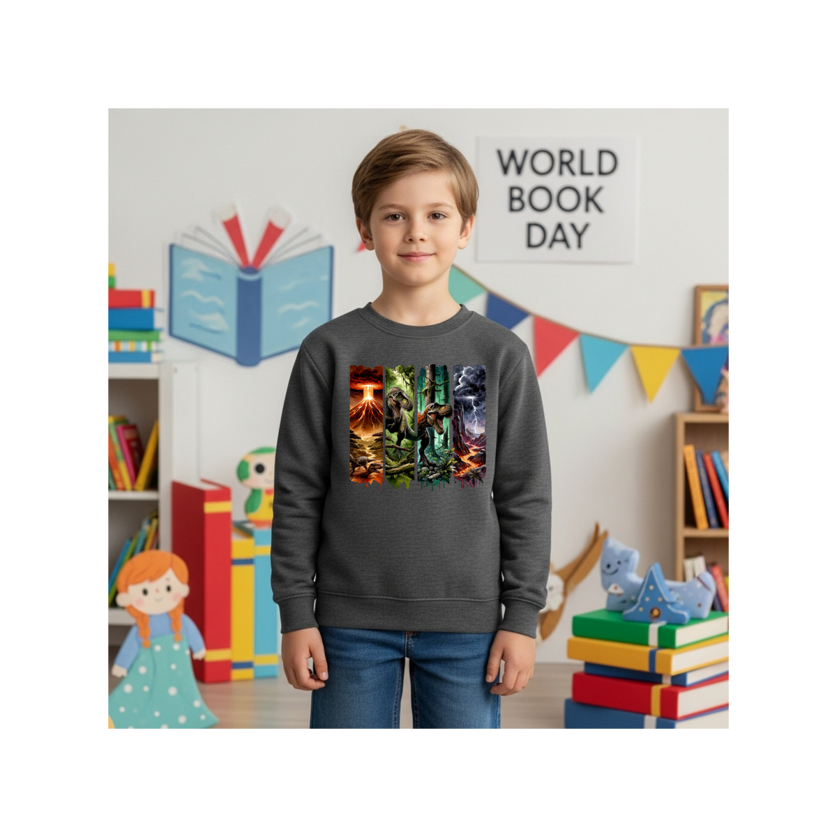 Jurassic Dino Volcano Forest Graphic Kids Crewneck Sweatshirt