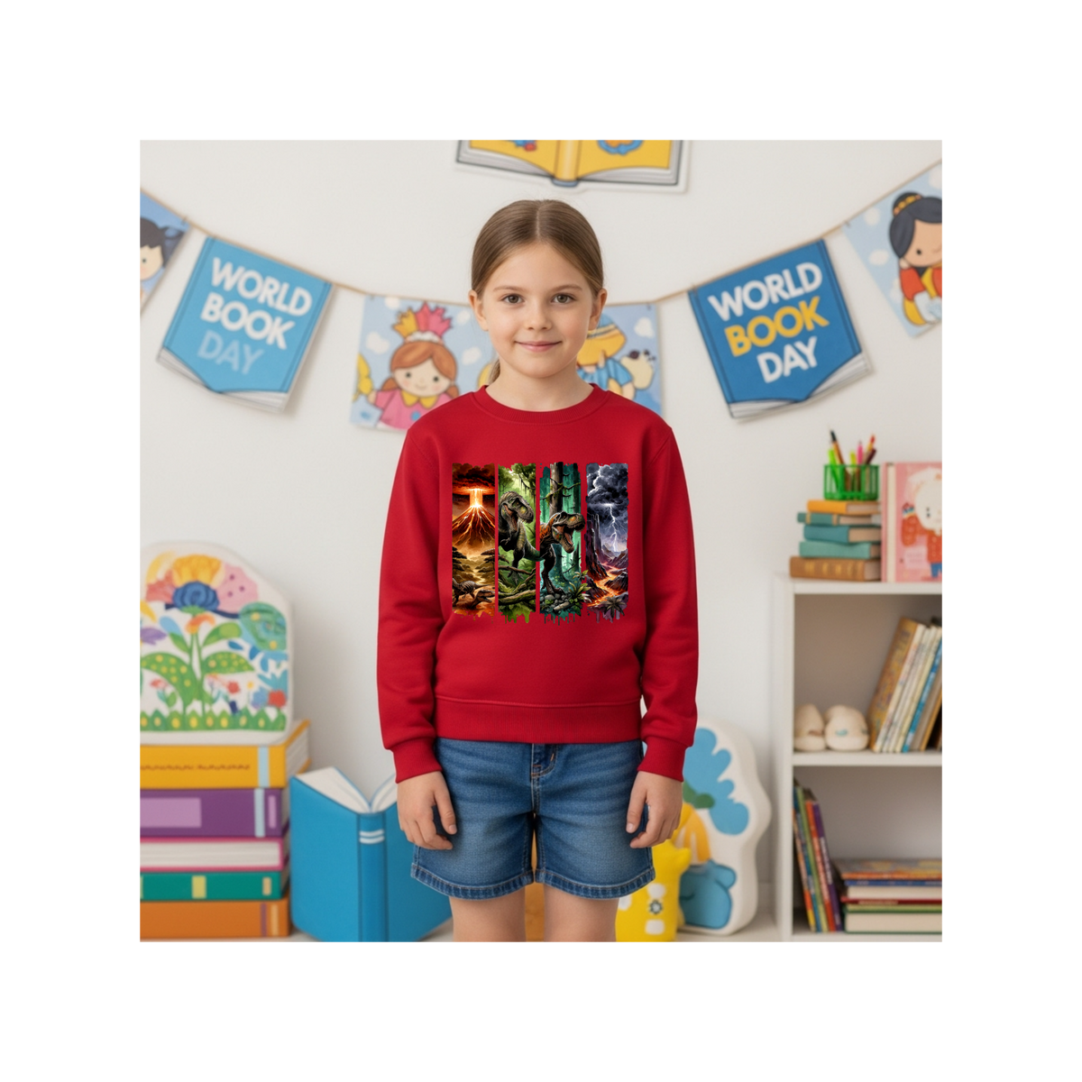 Jurassic Dino Volcano Forest Graphic Kids Crewneck Sweatshirt