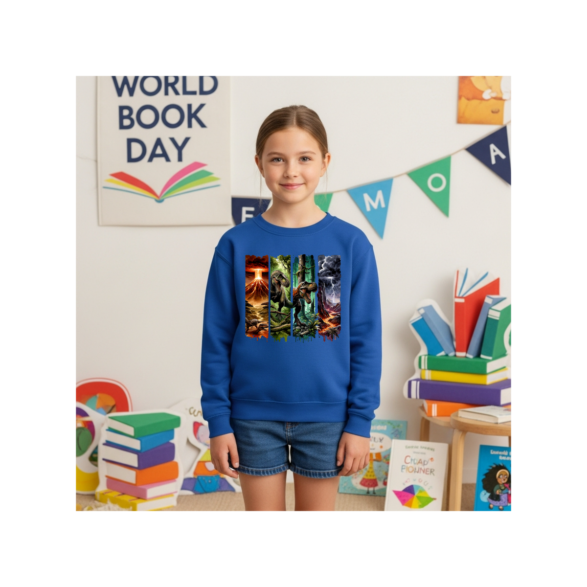 Jurassic Dino Volcano Forest Graphic Kids Crewneck Sweatshirt