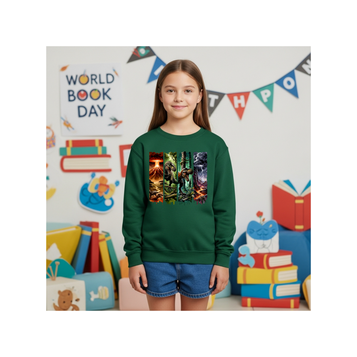 Jurassic Dino Volcano Forest Graphic Kids Crewneck Sweatshirt
