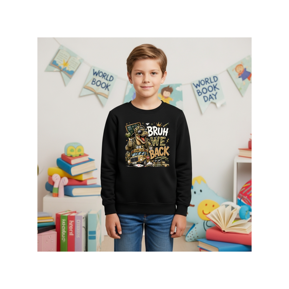 Bruh Back Dinosaur  — Funny Dino Graphic Kids Crewneck Sweatshirt