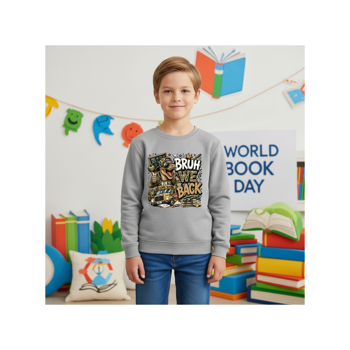 Bruh Back Dinosaur  — Funny Dino Graphic Kids Crewneck Sweatshirt