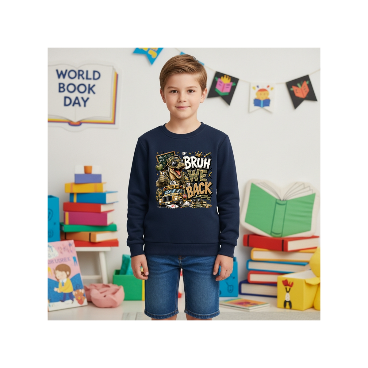 Bruh Back Dinosaur  — Funny Dino Graphic Kids Crewneck Sweatshirt
