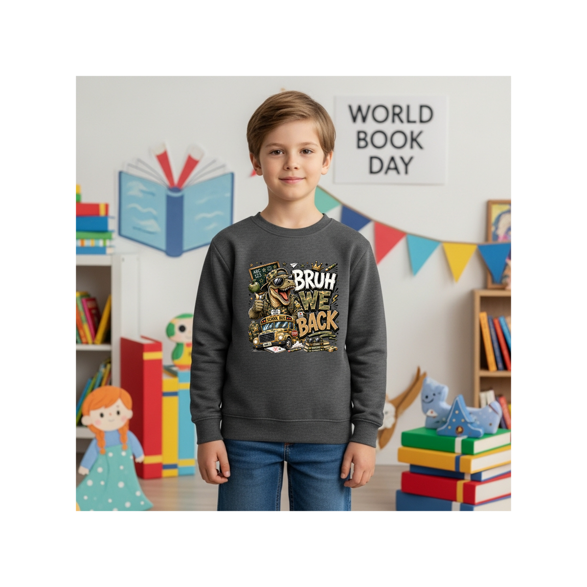 Bruh Back Dinosaur  — Funny Dino Graphic Kids Crewneck Sweatshirt