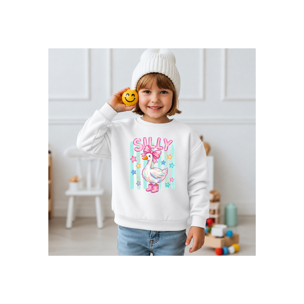 "Silly' Duck with Pink Bow & Boots, Pastel Stars Kids Crewneck Sweatshirt