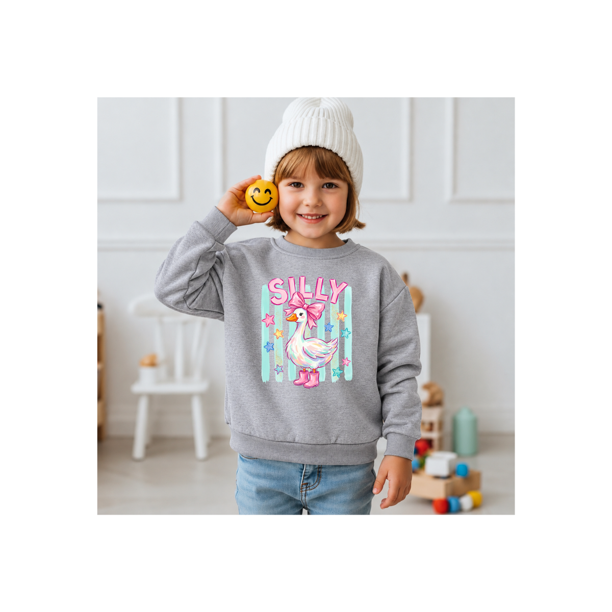 "Silly' Duck with Pink Bow & Boots, Pastel Stars Kids Crewneck Sweatshirt