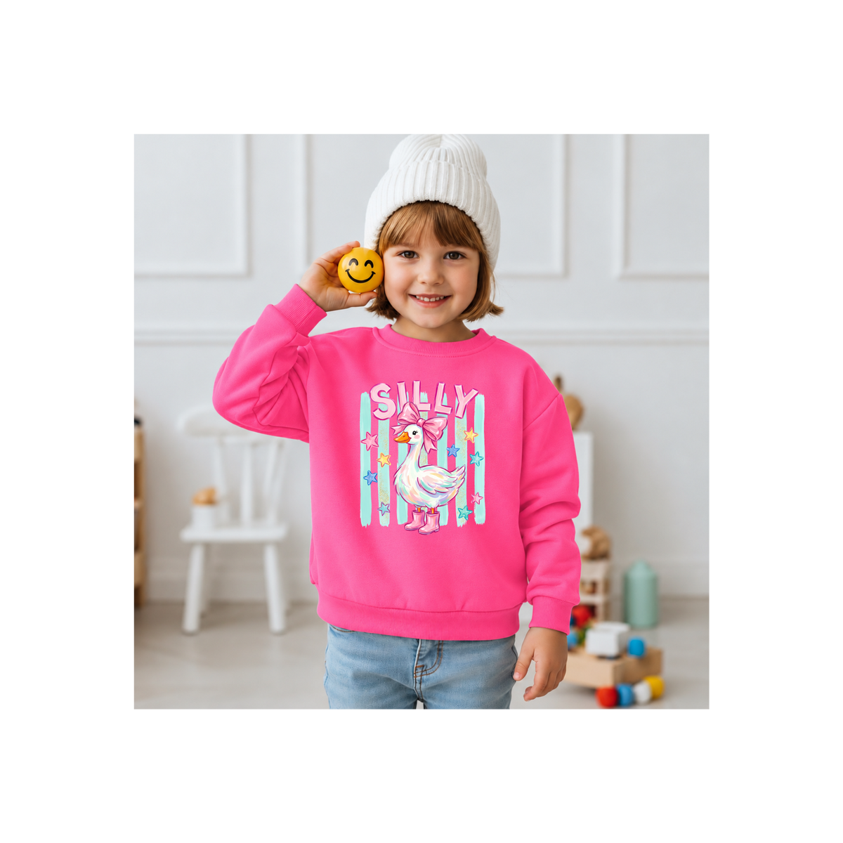 "Silly' Duck with Pink Bow & Boots, Pastel Stars Kids Crewneck Sweatshirt